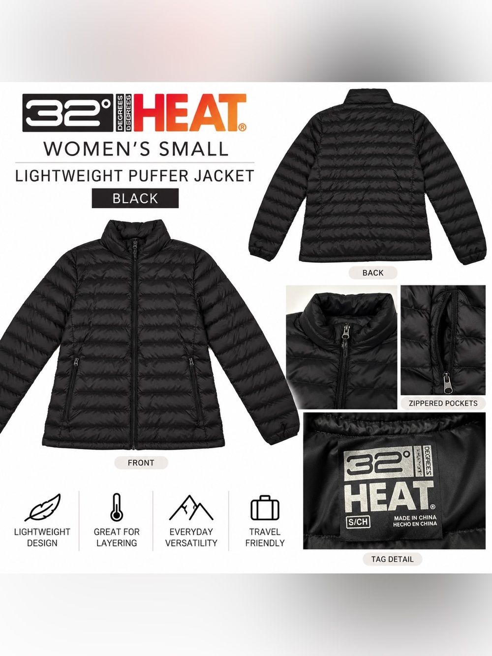 32 Degrees HEAT Women’s Small Black Lightweight Puffer Jacket